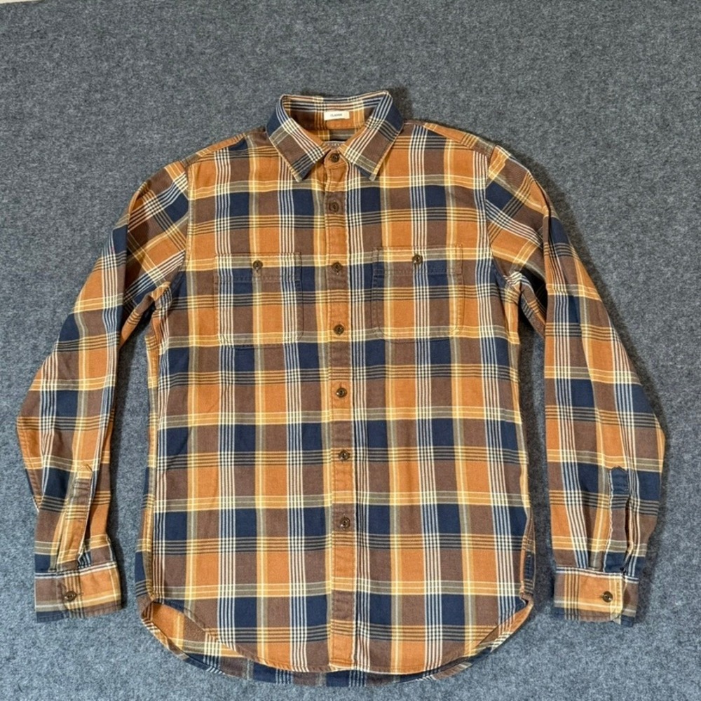 Wallace & Barnes Mens Classic Fit Plaid Flannel Shirt Orange Navy J6096 Small - Picture 2 of 11